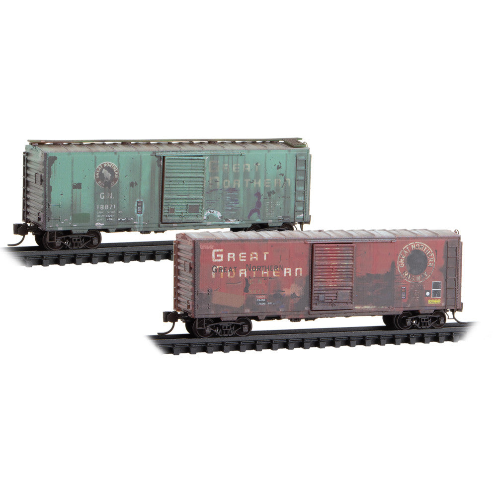Micro-Trains, 983 05 093, N Scale, 40' Standard Boxcar, Great Northern, Weathered, 2-Pack