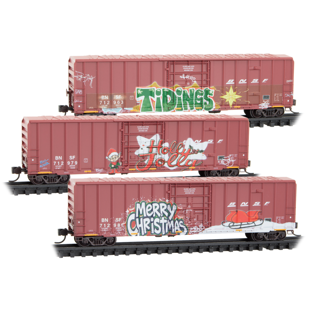 Micro-Trains, N Scale, 983 02 289, 50' Rib Side Boxcar, BNSF, Christmas Graffiti, 3-Pack
