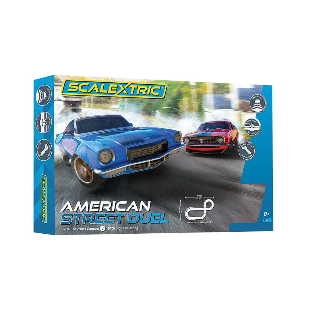 Scalextric, C1429T, American Street Dual, 1970s Chevrolet Camaro vs 1970s Ford Mustang, 1:32