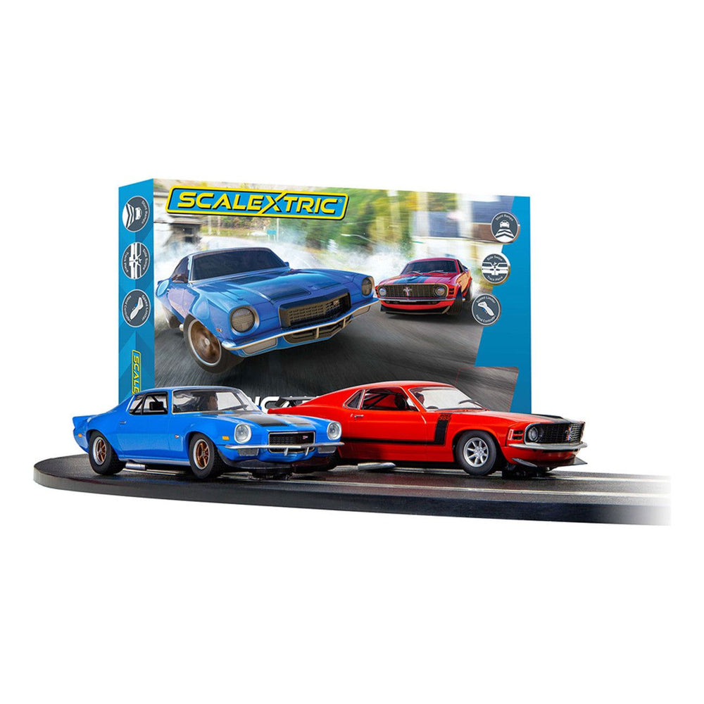 Scalextric, C1429T, American Street Dual, 1970s Chevrolet Camaro vs 1970s Ford Mustang, 1:32