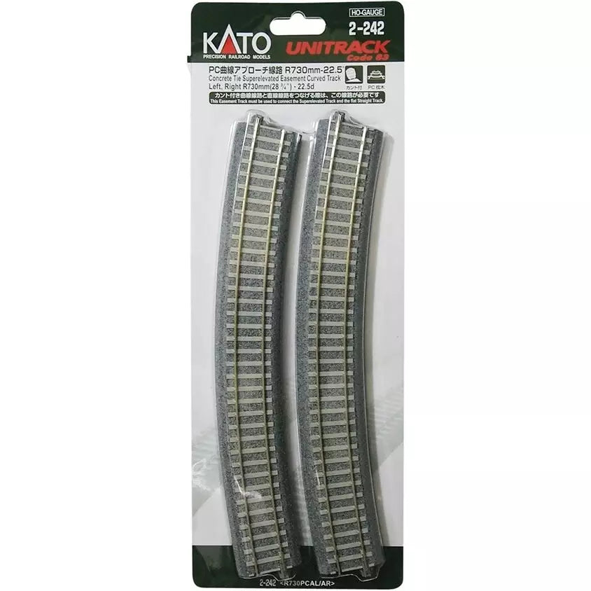Kato, 2-242, HO Scale, Unitrack, R730mm 28-3/4" Concrete Tie Superelevated Easement Curved Track, 22.5-Degree, Curved Track, 22.5-Degree, (4 Pack)