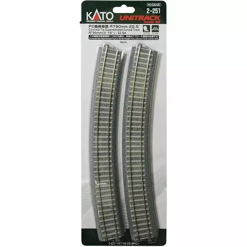 Kato, 2-251, HO Scale, Unitrack, R790mm 31-1/8" Concrete Tie Superelevated, Curved Track, 22.5-Degree, (4 Pack)
