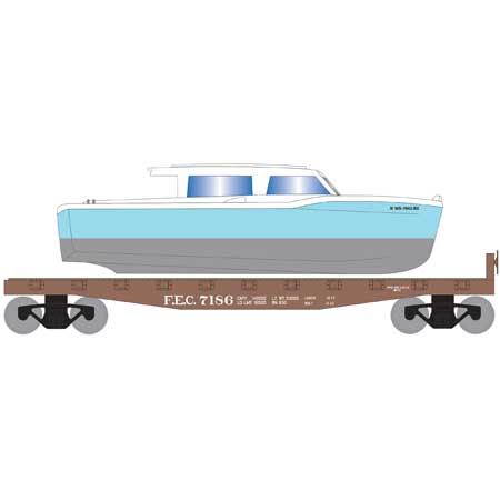 Roundhouse, HO Scale, RND1053, 40' Flat Car with Blue Boat, Florida East Coast, #7186