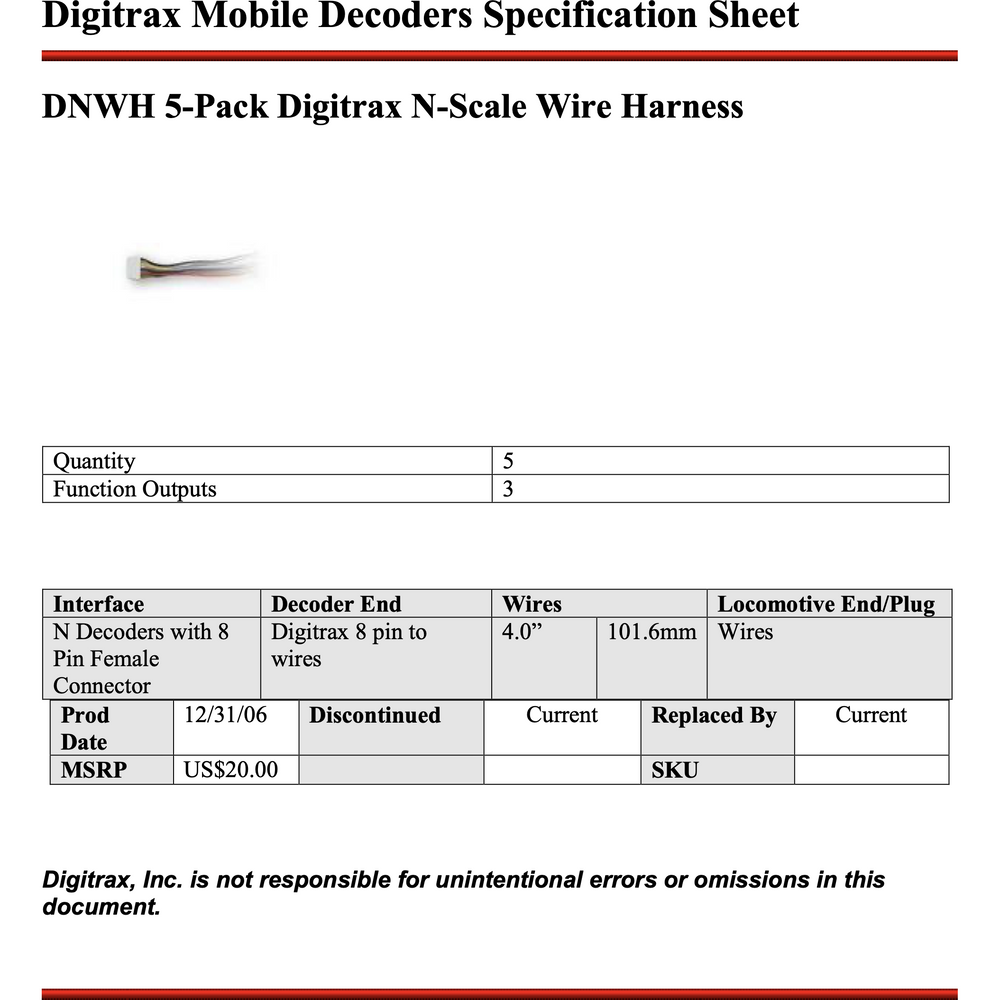 Digitrax, DNWH, 5-pack Digitrax N-Scale Wire Harness