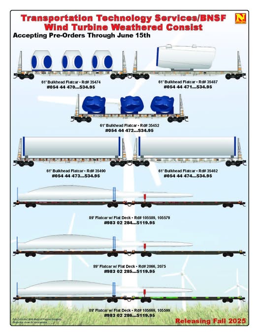 61' 8" Bulkhead Flatcar set Wind Turbine and w/Wind Component Load