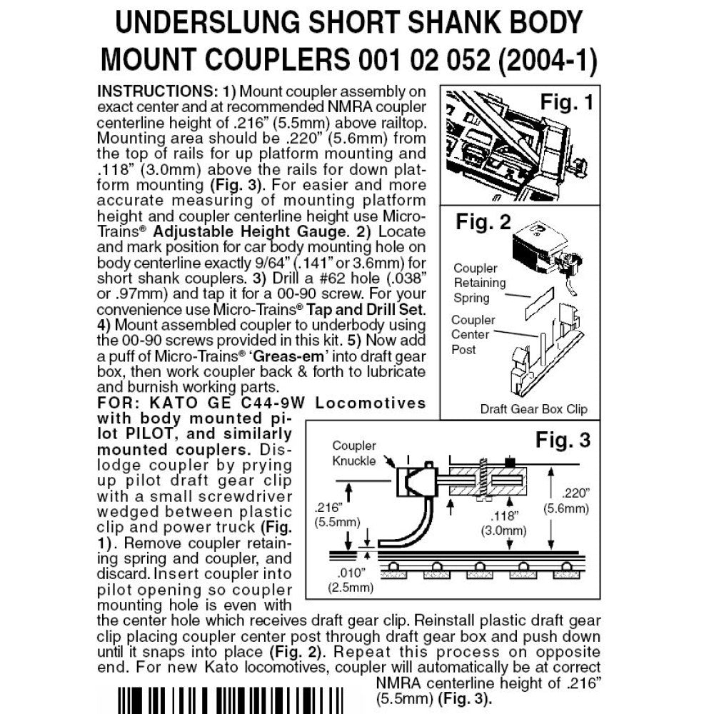 Micro-Trains, 001 02 003, N Scale, Underslung Short Shank Body Mount Couplers, 2 Pair, (2004-1)sc