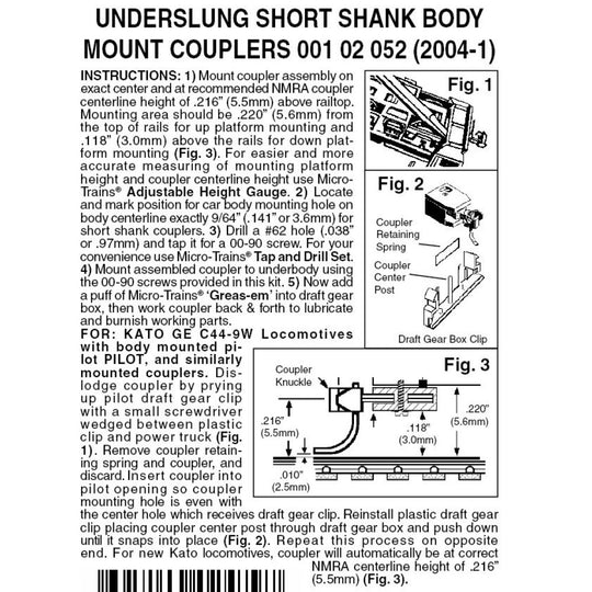 Micro-Trains, 001 02 003, N Scale, Underslung Short Shank Body Mount Couplers, 2 Pair, (2004-1)sc