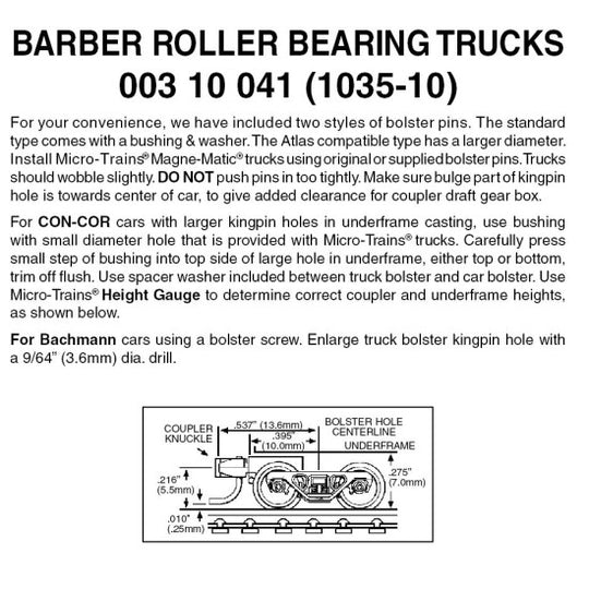Micro-Trains, 003 10 041, N Scale, Barber Roller Bearing Trucks w/ short ext. couplers 10 pr (1035-10)