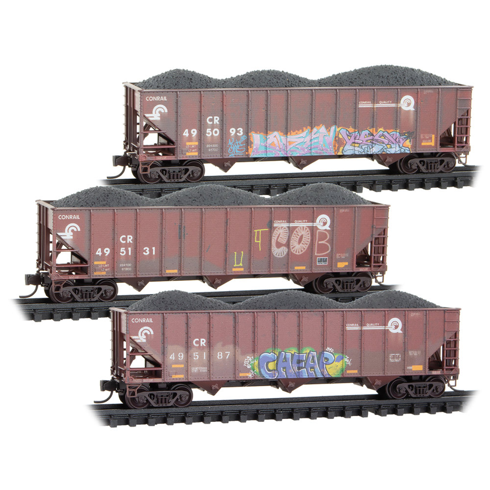 Micro-Trains, N Scale, 983 05 103, 100-Ton 3-Bay Open Hopper, Conrail, Weathered, 3-Pack