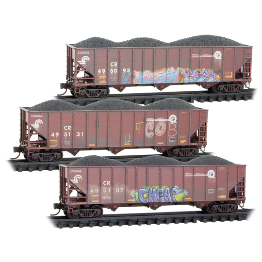 Micro-Trains, N Scale, 983 05 103, 100-Ton 3-Bay Open Hopper, Conrail, Weathered, 3-Pack