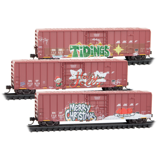 Micro-Trains, N Scale, 983 02 289, 50' Rib Side Boxcar, BNSF, Christmas Graffiti, 3-Pack