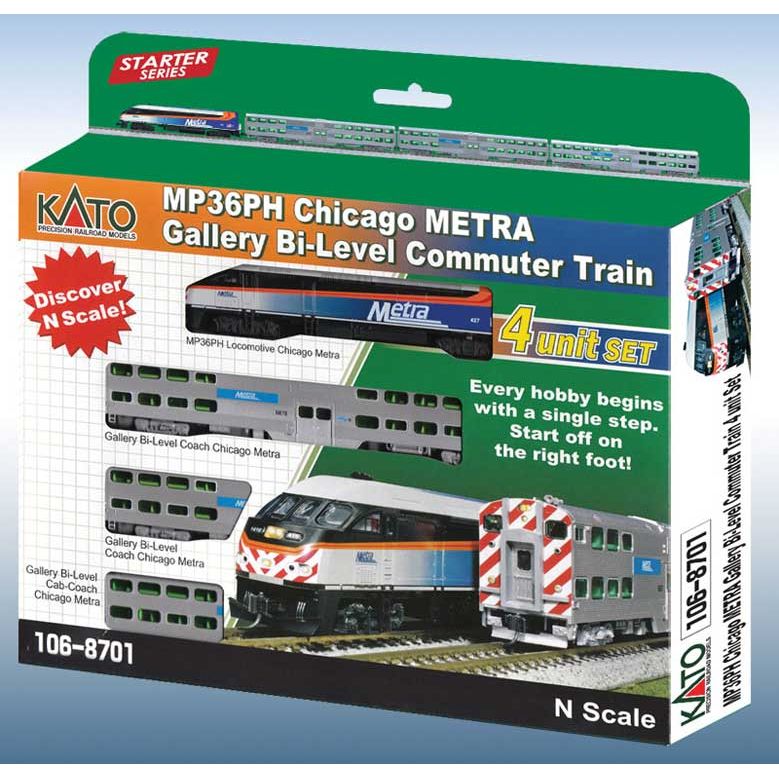 Kato, N Scale, 106-8701, MP36PH, Chicago Metra Gallery Bi-Level Commuter, 4-Unit Train Set