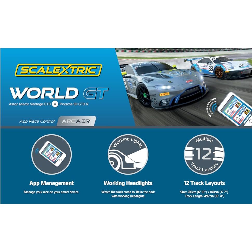 Scalextric, C1434T, ARC AIR- World GT Aston Martin Vantage GT# Vs Porsche 911 GT3 R Cars, 1:32