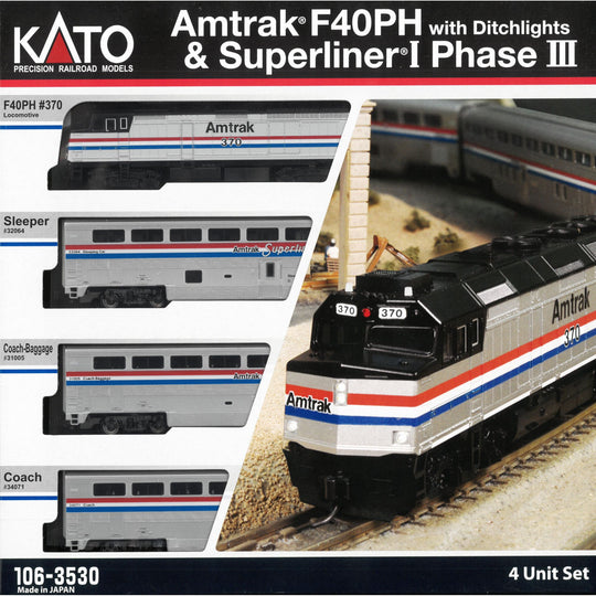 Kato, 106-3530,  N Scale, F40PH & Superliner Set, Amtrak Phase III (4-Pack)