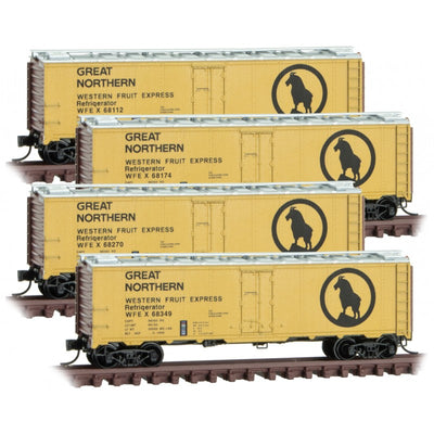 Micro-Trains, N Scale, 99300179, 40' Steel Ice Reefer, Great Northern/Western Fruit Express, (4-Car Runner Pack)