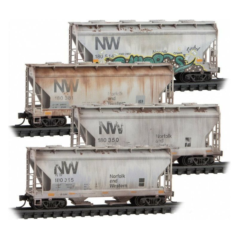 Micro-Trains, N Scale, 99305013, Weathered 2-Bay Covered Hopper, Norfolk and Western, (4-Pack)