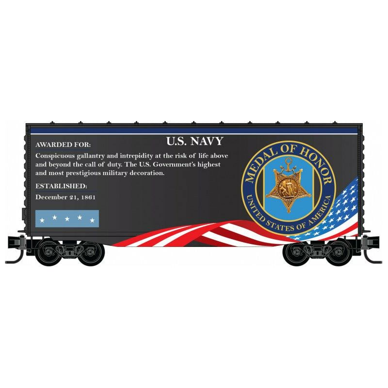 Micro-Trains, N Scale, 101 00 762, 40' Hy-Cube Box Car With Single Door, Military Valor Award US U.S. Navy Medal Of Honor