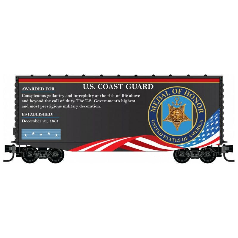 Micro-Trains, N Scale, 101 00 764, 40' Hy-Cube Box Car With Single Door, Military Valor Award US U.S. Coast Guard Medal Of Honor
