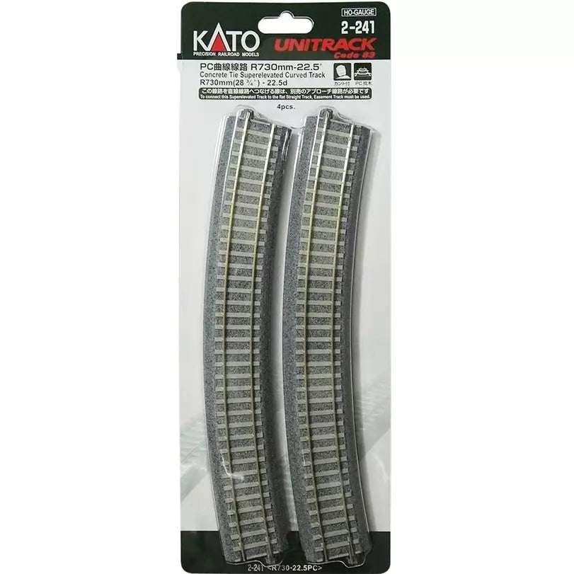 Kato, HO Scale, 2-241, Unitrack, R730mm 28-3/4" Concrete Tie Superelevated, Curved Track, 22.5-Degree, (4 Pack)
