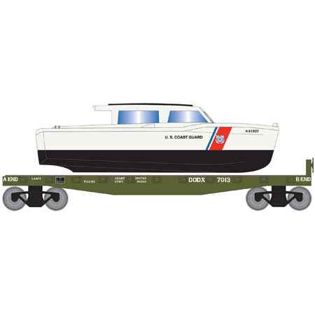 Roundhouse, HO Scale, RND2276, 40' Flat Car, Coast Guard Boat, DODX, #7013