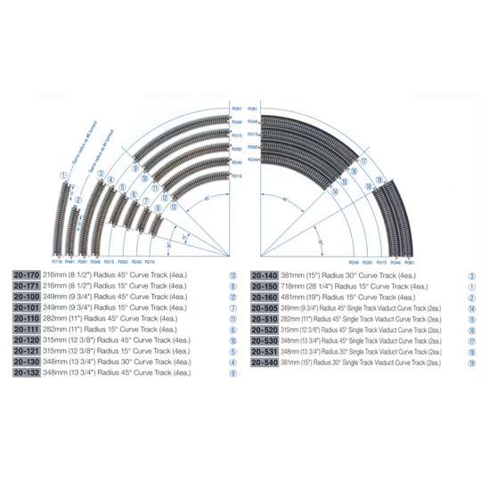 Kato, N Scale, 20-100, Unitrack, 249mm (9 3/4") Radius 45º Curve Track [4 pcs]